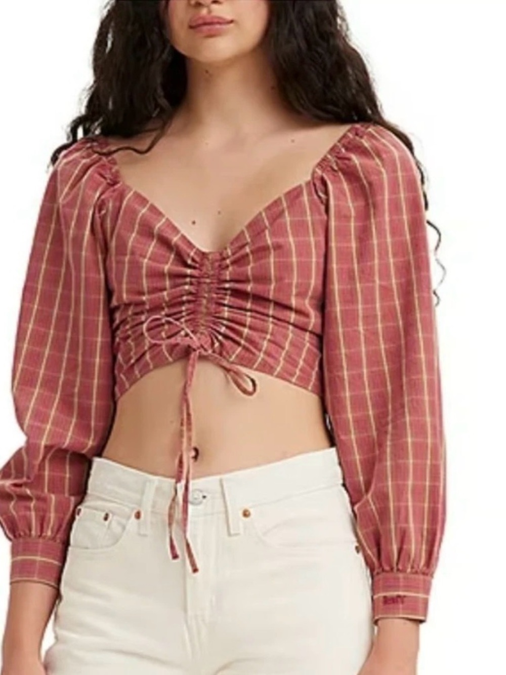 Levis Women's Devin Cropped Top Size XL Fitted Plaid Red Long Sleeves